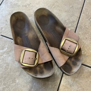Birkenstock Brown Leather Slides with Gold Buckle Size 39